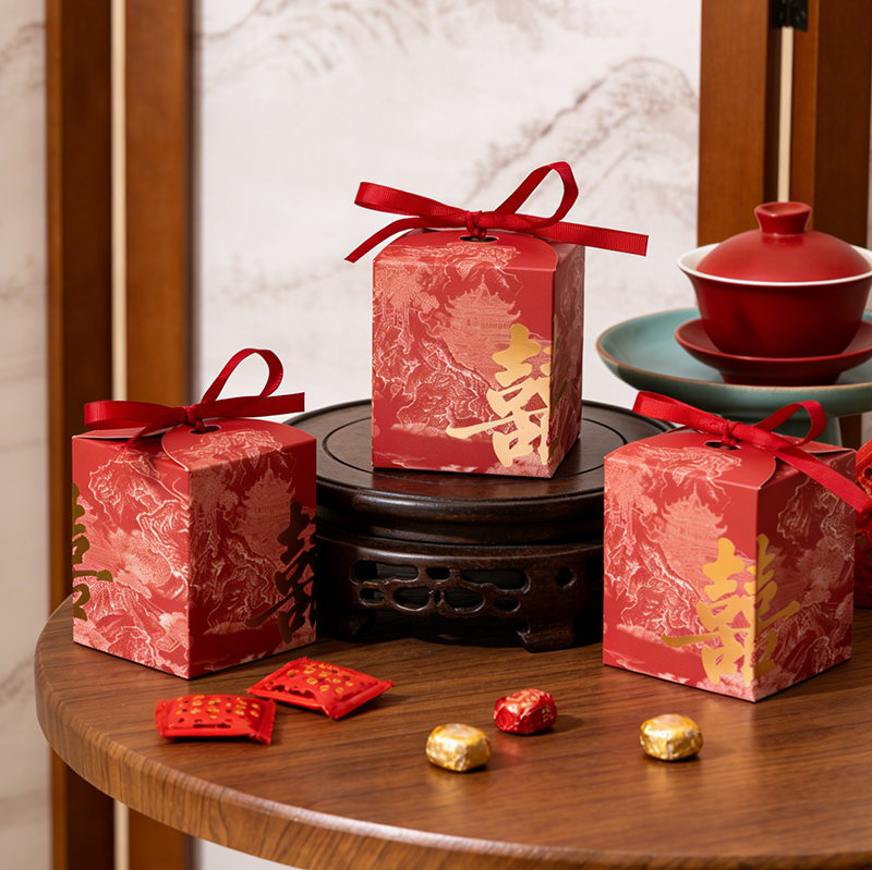 50个喜糖盒红色喜字方形8cm*8cm*9.5cm