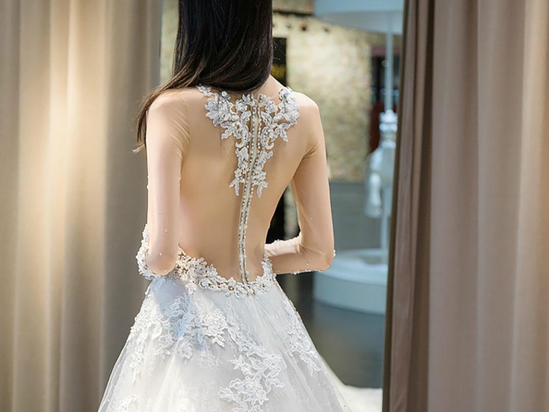 长沙天鹅婚纱礼服 深V透明纱长袖 性感大露背婚纱