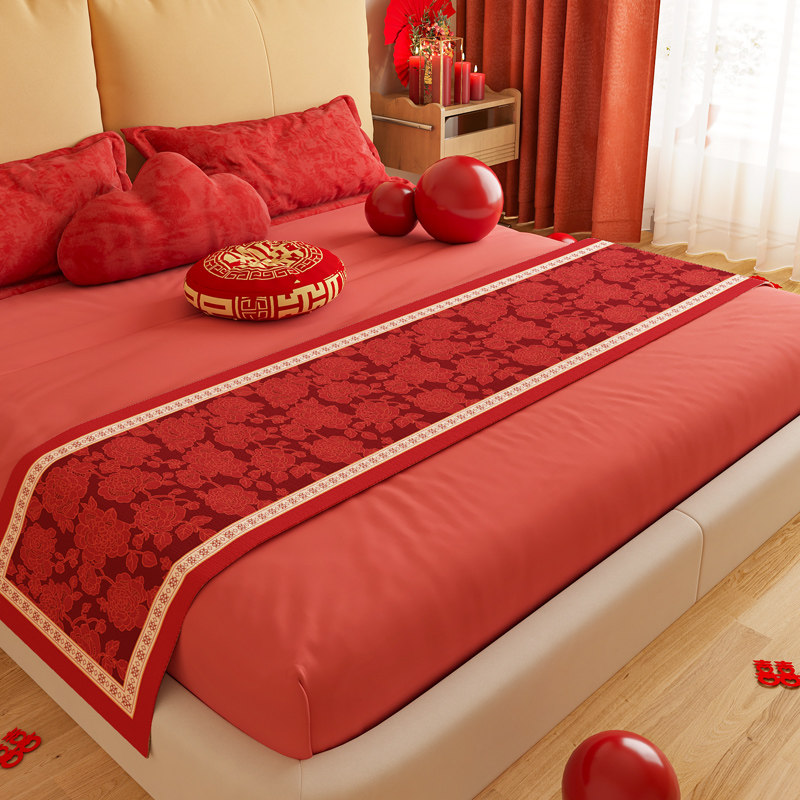 床旗床盖巾红色婚床装饰盖布巾结婚床尾毯搭巾