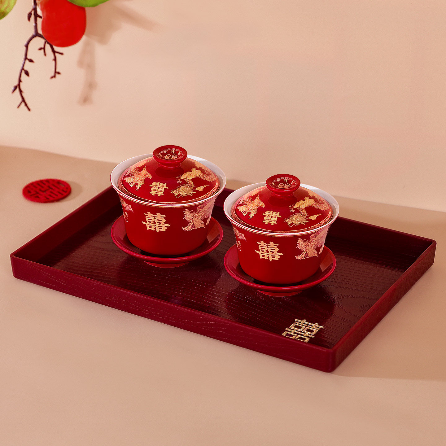结婚敬茶杯一对喜碗陪嫁碗筷茶具套装