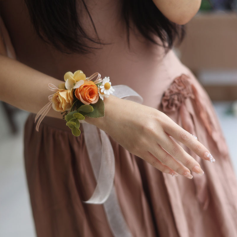 伴娘婚礼仿真花布艺新娘花童丝带手环高级感手腕花