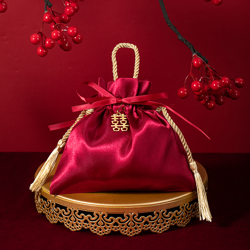 50個 貢緞喜糖袋金流蘇喜字款