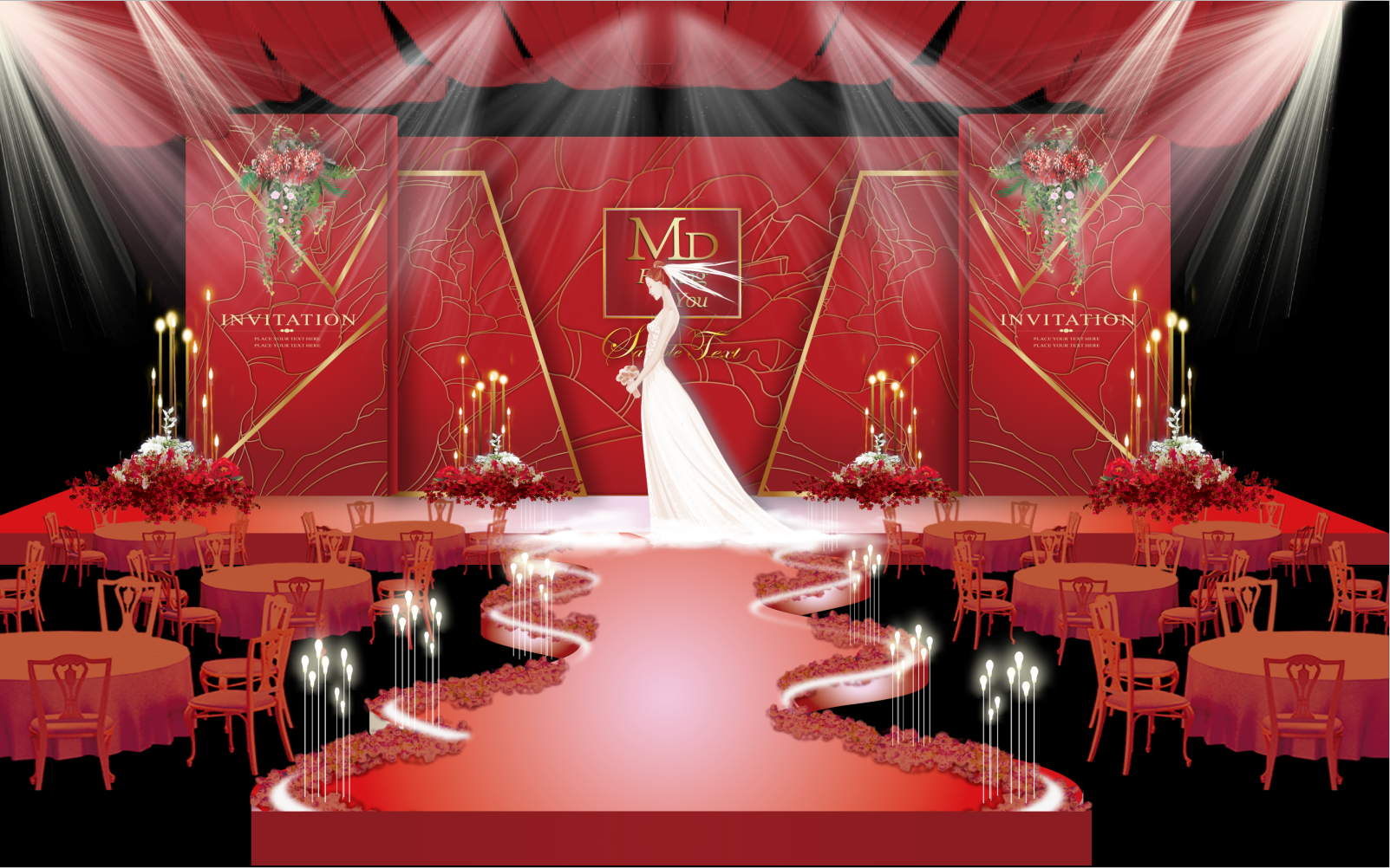 现代风格红色花艺双层视觉造型