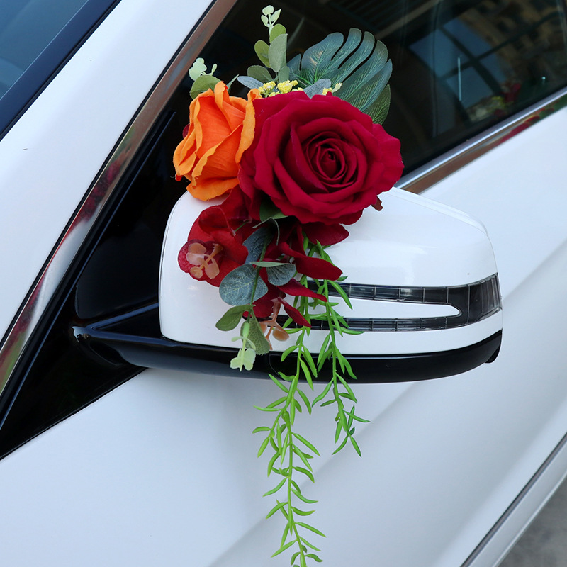【2个】红橘色系副婚车后视镜门把手装饰车前蝴蝶结婚礼车队布置婚庆