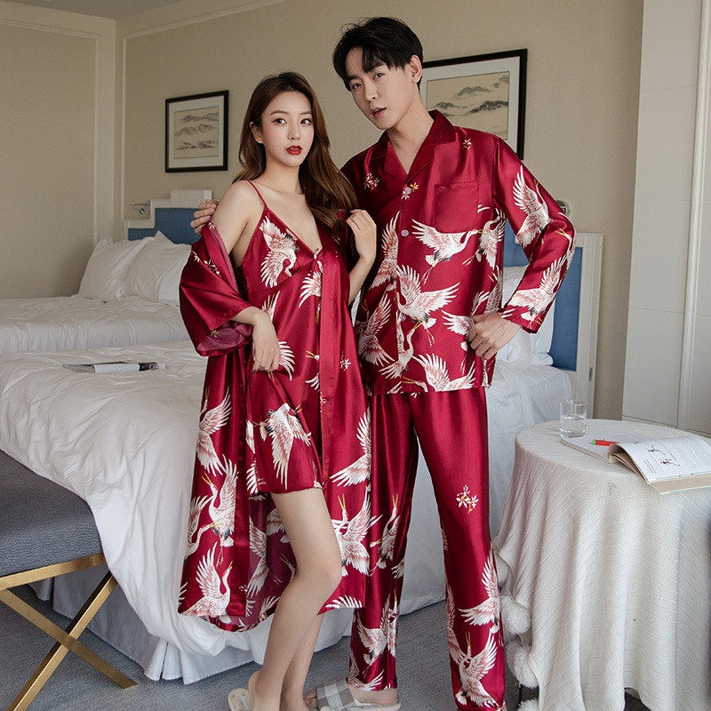 新品情侶睡衣春夏冰雪絲印花睡衣套裝仙鶴情侶結婚睡衣婚禮紅色
