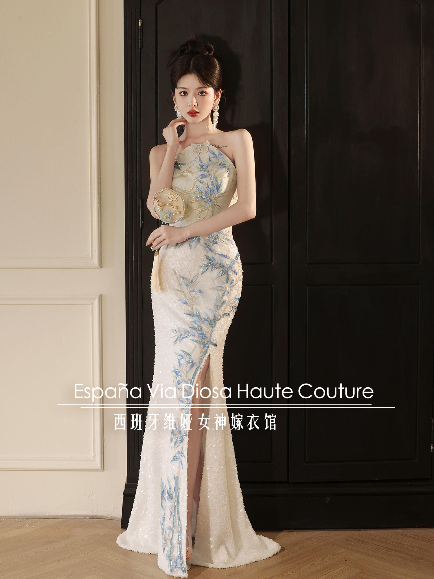 抹胸单侧开叉鱼尾礼服