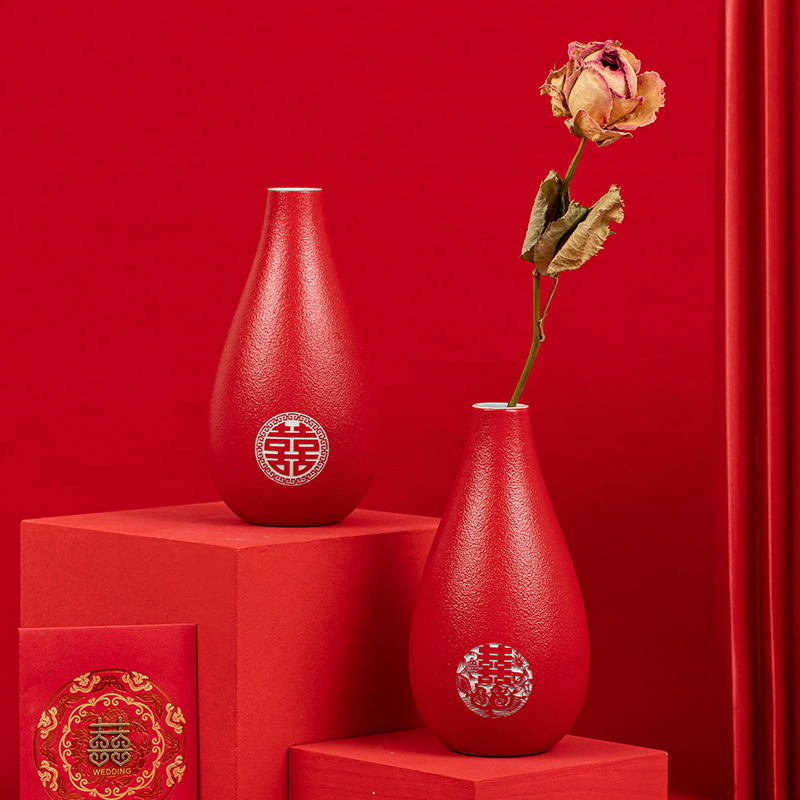 【包郵】紅色花瓶擺件陶瓷喜慶插花瓶