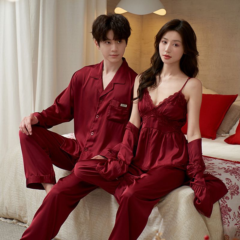 新婚冰丝吊带长袖丝绸套装