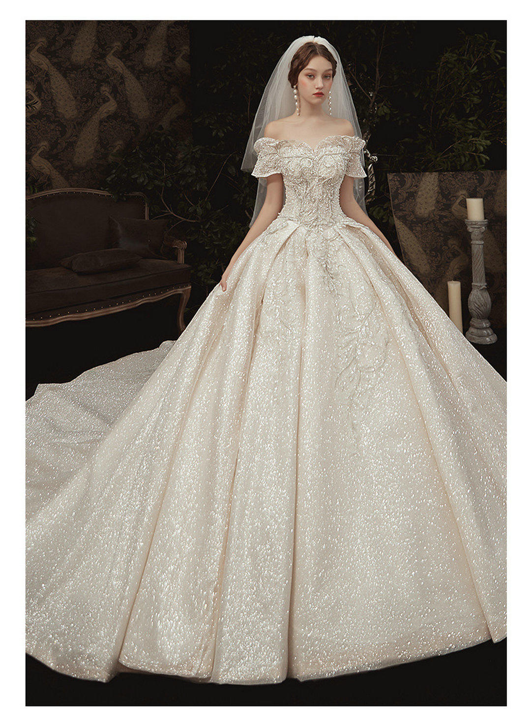 【仪式主婚纱】一字肩豪华大拖尾5件套