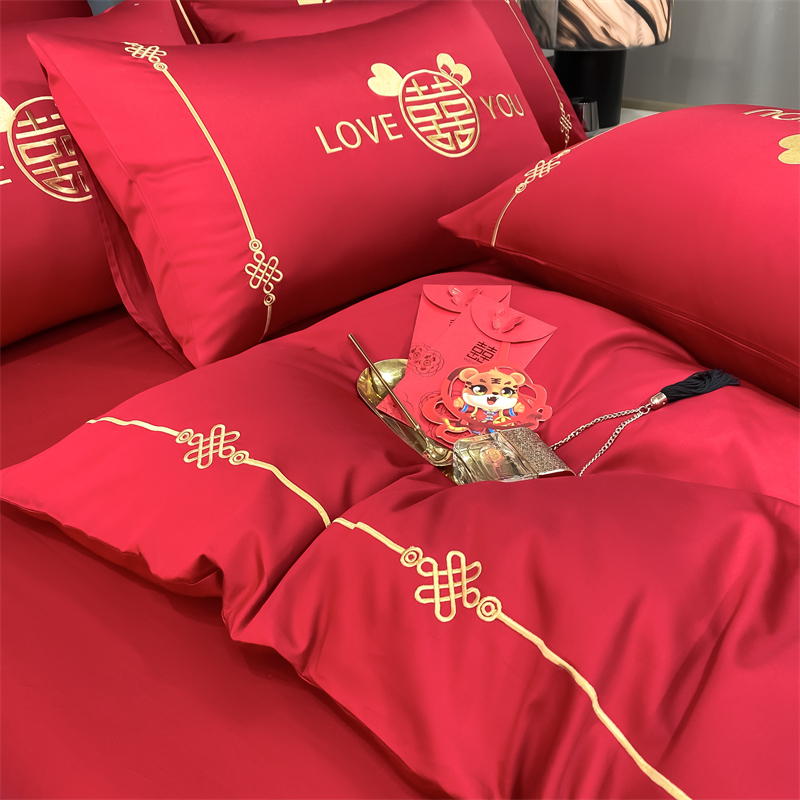 新款水洗磨毛刺繡四件套婚慶系列959611（床單+被套+2個(gè)枕套））