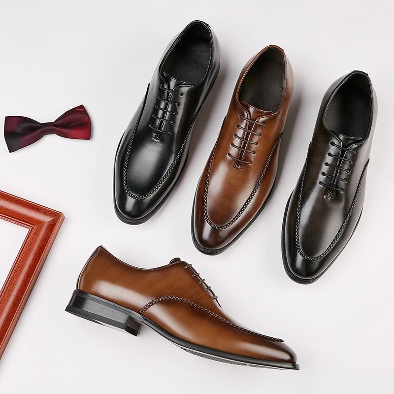 新款商務正裝皮鞋男士復古英倫風青少年辦公鞋紳士牛津德比鞋