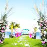 三亚山海天蓝白气球鲜花草坪婚礼超值场地布置