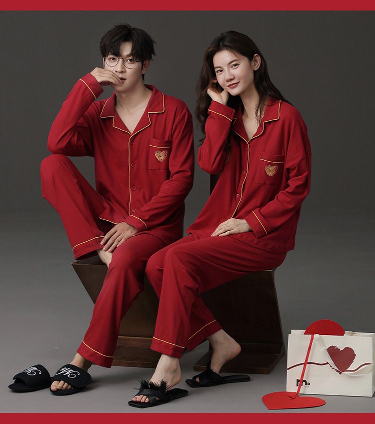 红色新婚家居服套装女春秋款带胸垫