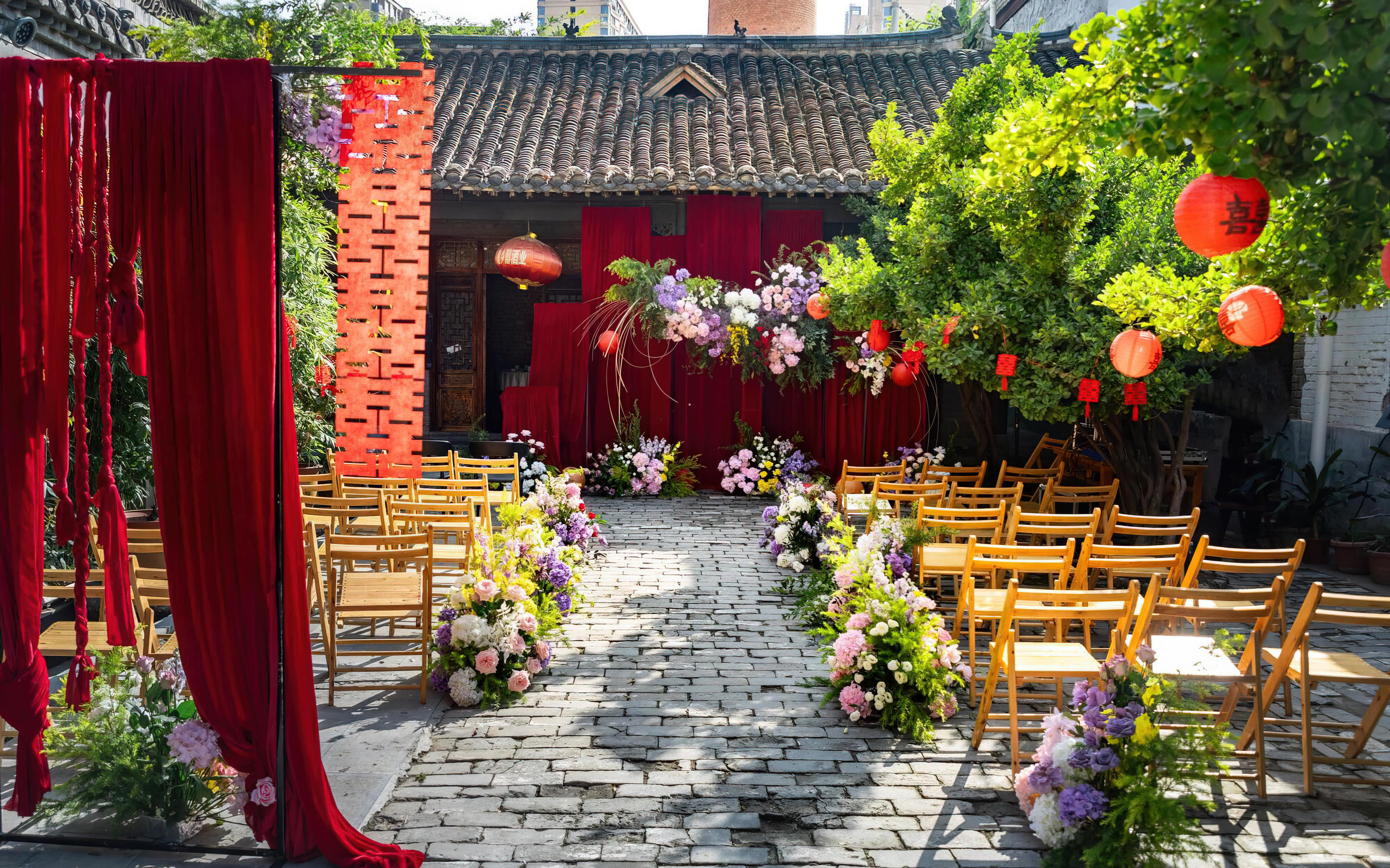 农村坝坝宴庭院新中式户外婚礼