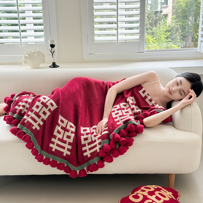 新款结婚订婚红双喜玫瑰花花束针织毯毛毯披肩盖毯