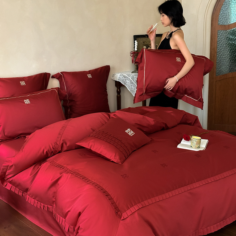 简约新中式婚庆四件套全棉喜鹊双喜刺绣