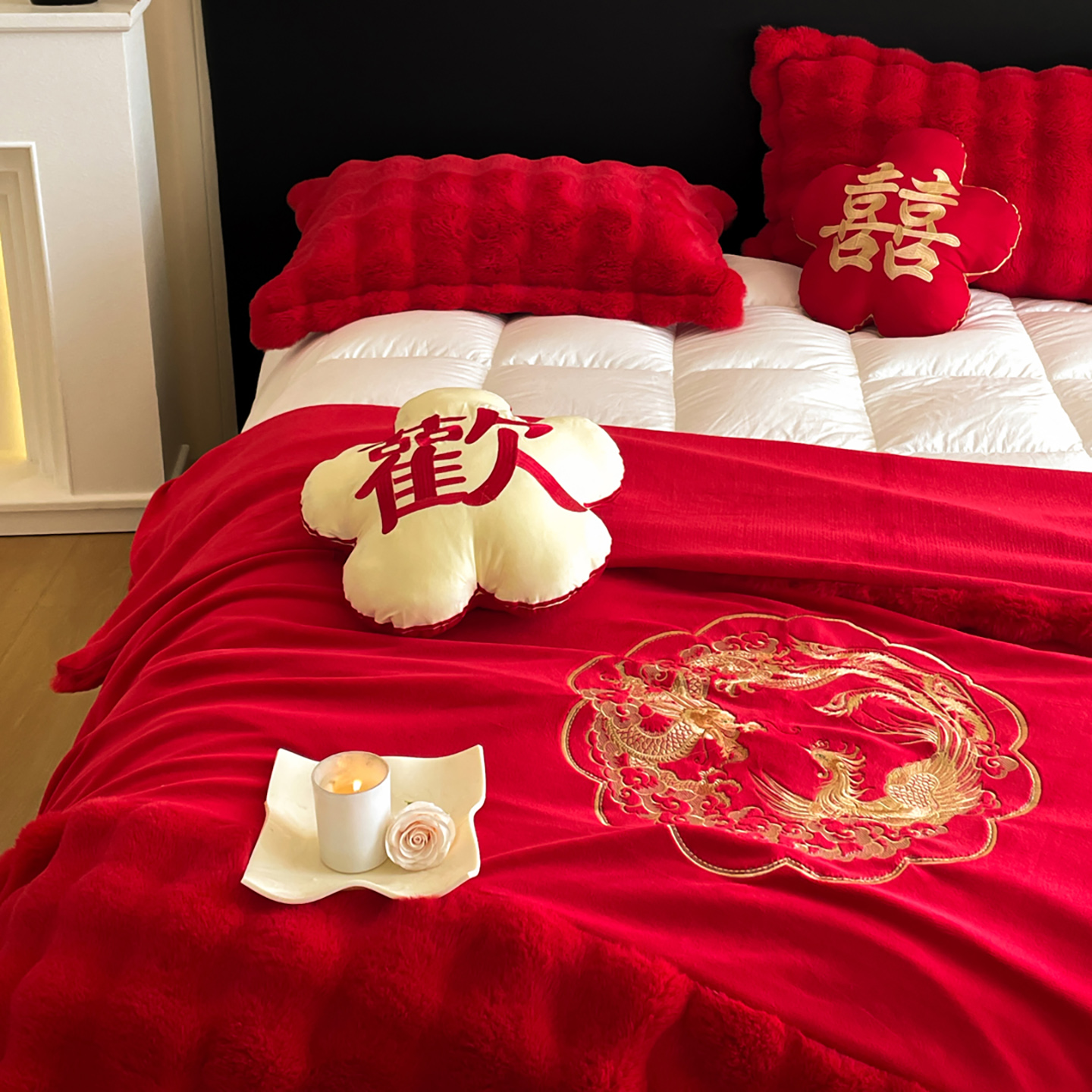 新款婚庆兔毛绒多功能毛毯被套两用豆豆被