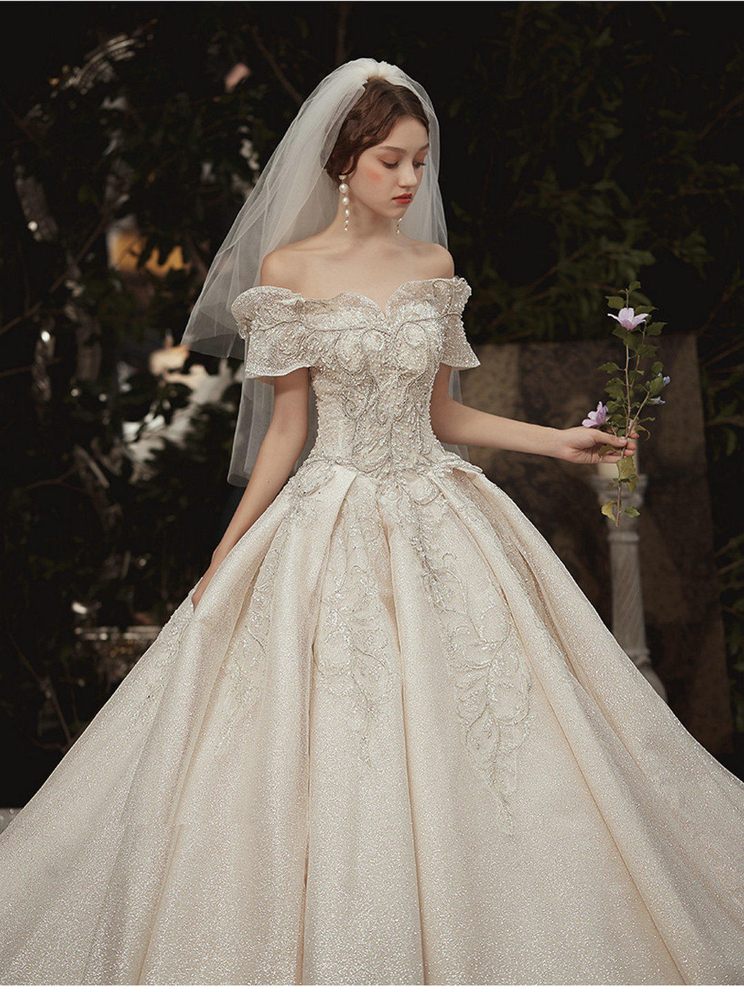 【仪式主婚纱】一字肩豪华大拖尾5件套