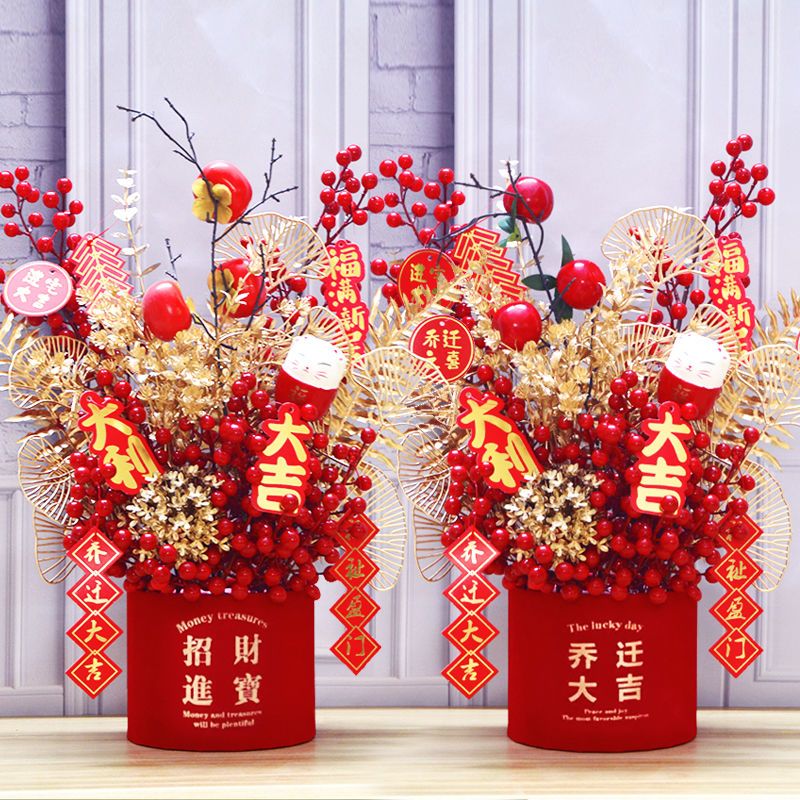 仿真花发财果福桶插花摆件