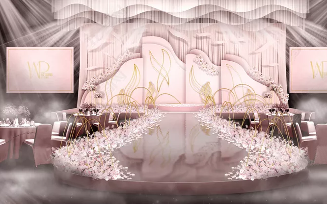 欧式裸粉色婚礼现场布置场景效果图