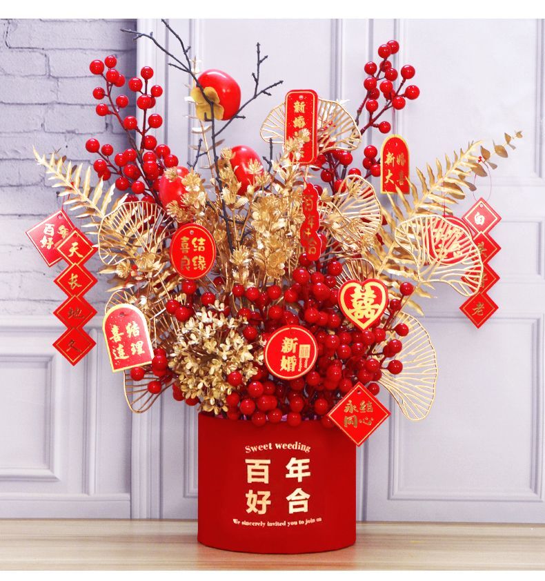 仿真花发财果福桶插花摆件