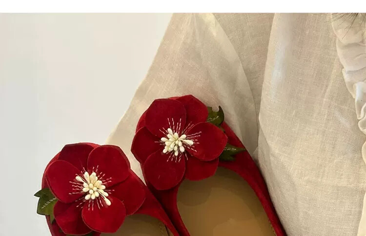 羊皮平底婚鞋 复古红花玛丽珍新娘鞋