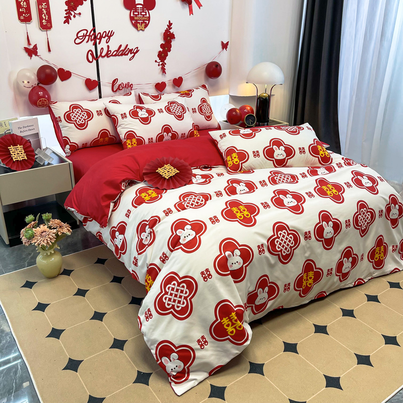 印花婚慶四件套2241655（床單/床笠+被套+2個(gè)枕套）