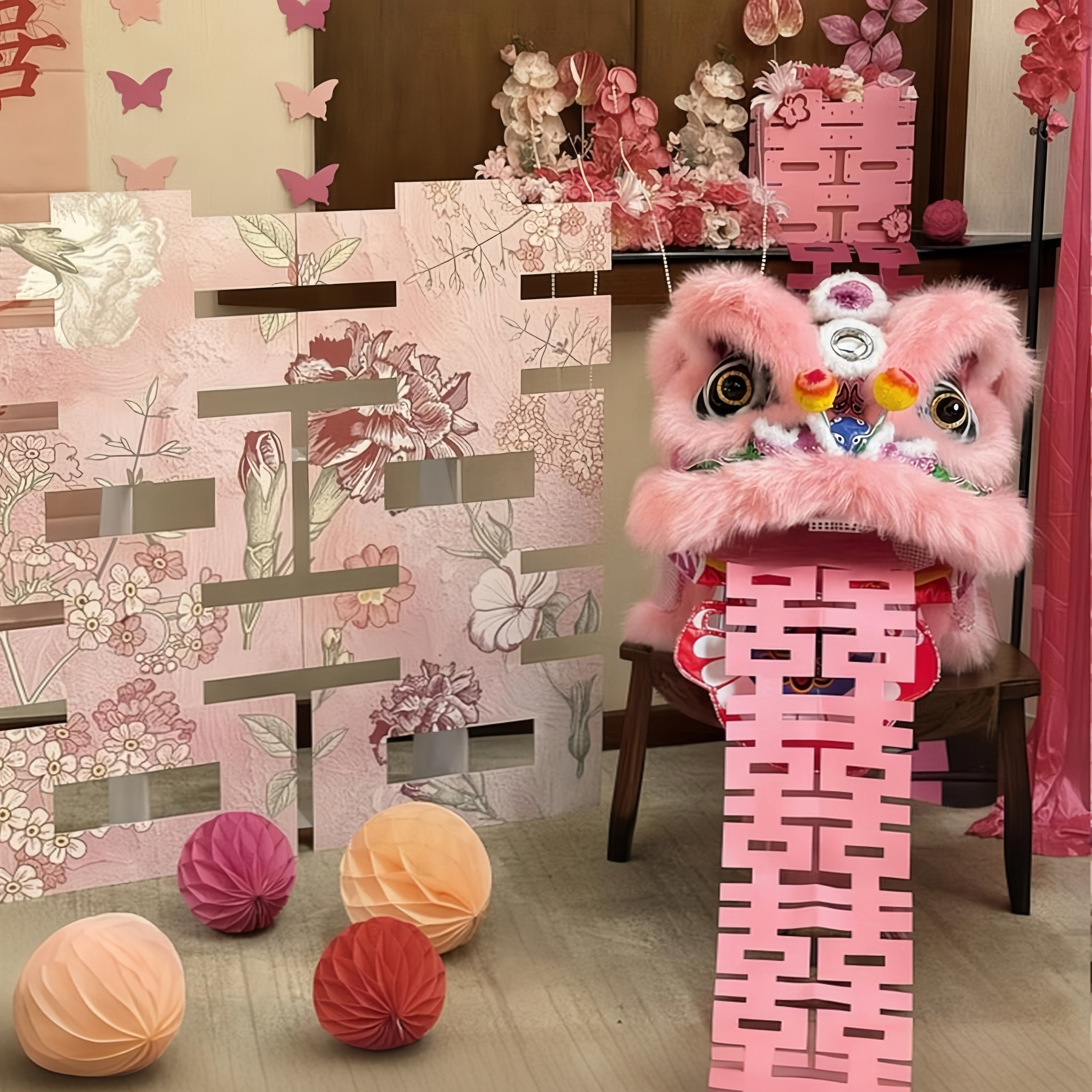 醒狮婚房粉色狮子头 中式婚房装饰布置