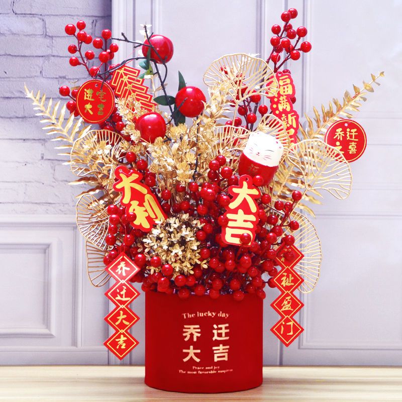 仿真花发财果福桶插花摆件