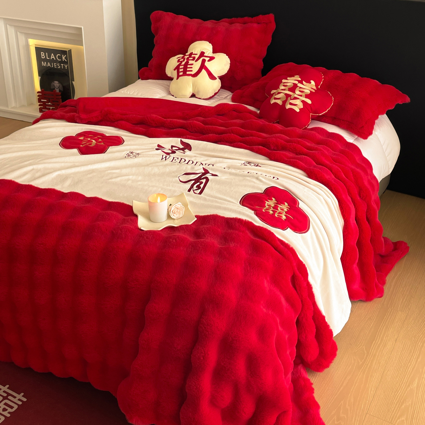 新款婚庆兔毛绒多功能毛毯被套两用豆豆被