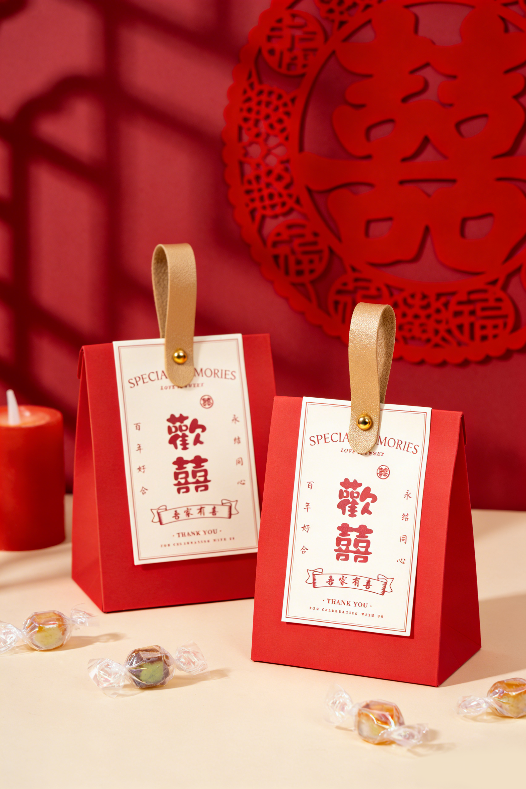 50个红色皮质手提喜糖盒10*6.5*13cm