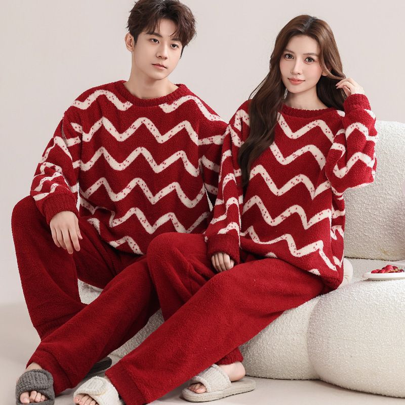 瑚绒情侣睡衣秋冬季红色结婚新婚套装女士保暖半边绒男士家居服