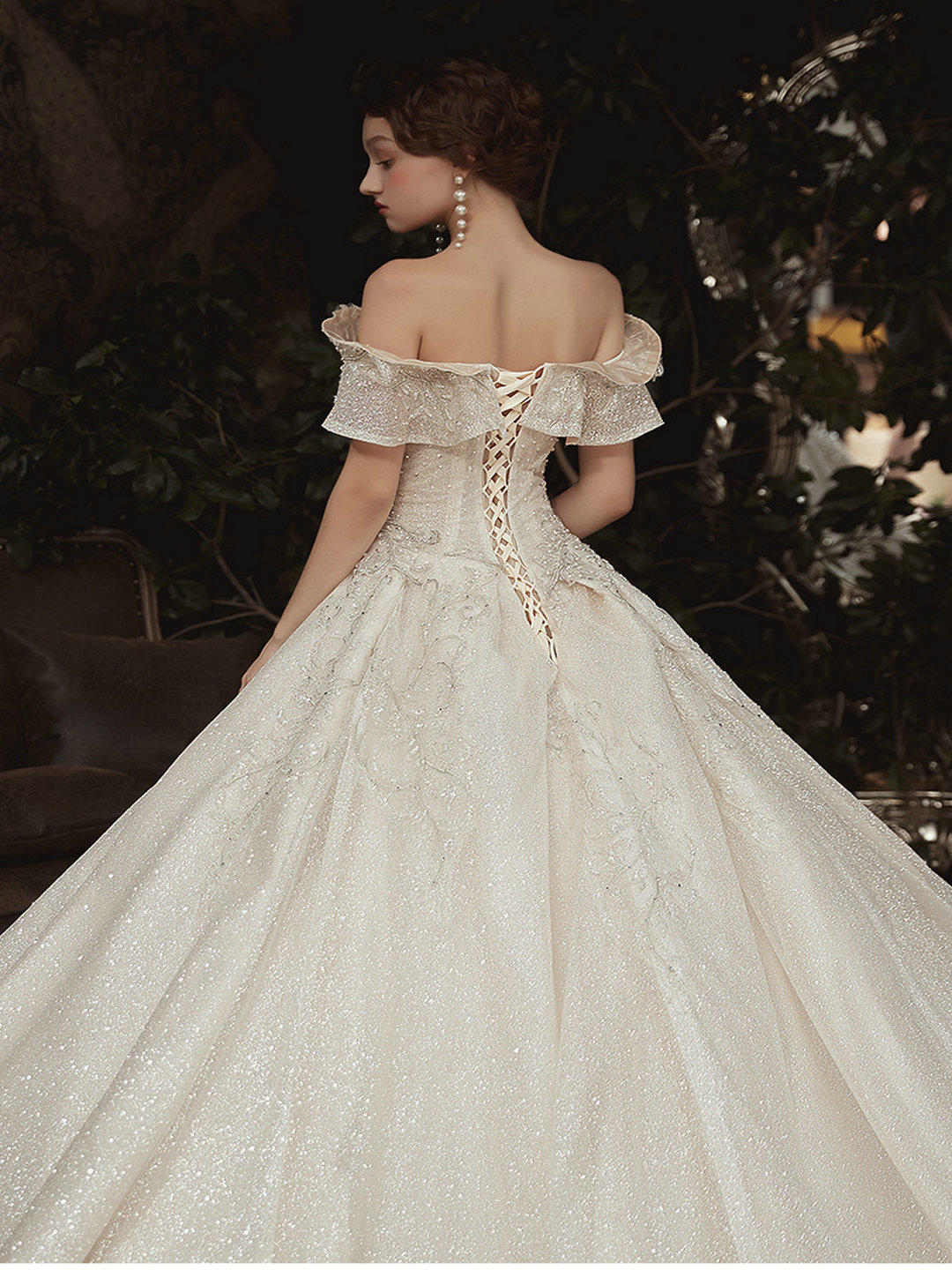 【仪式主婚纱】一字肩豪华大拖尾5件套