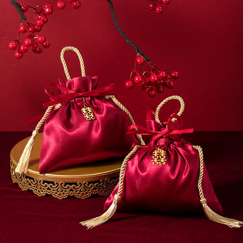 50個 貢緞喜糖袋金流蘇喜字款