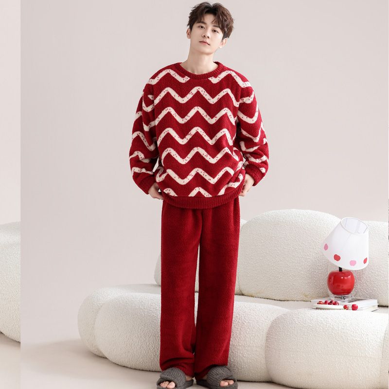 瑚绒情侣睡衣秋冬季红色结婚新婚套装女士保暖半边绒男士家居服