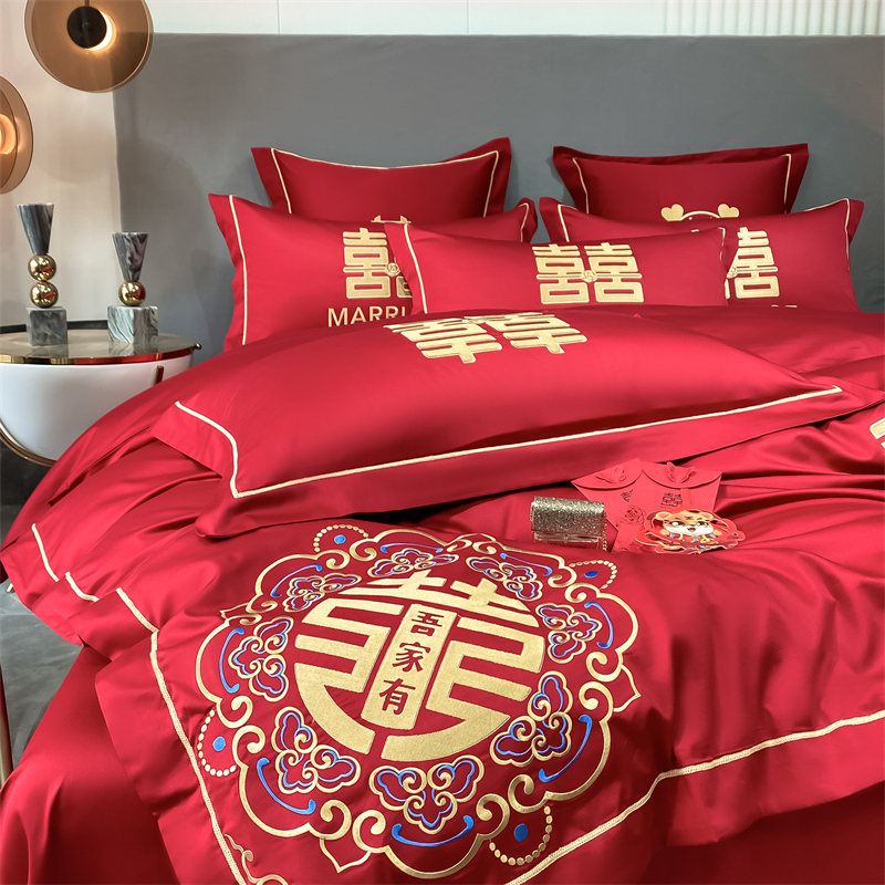 新款水洗磨毛刺繡四件套婚慶系列959611（床單+被套+2個(gè)枕套））