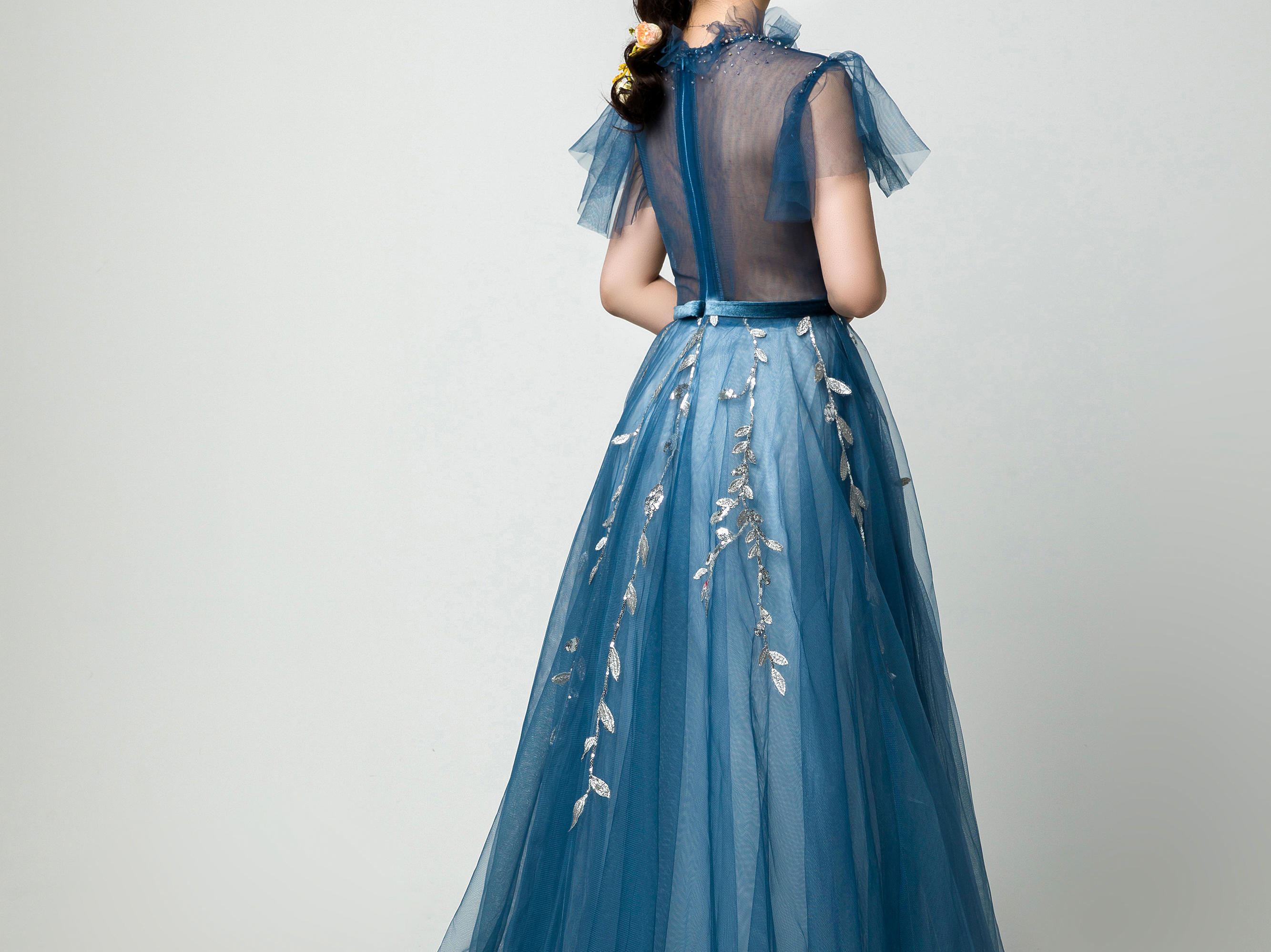 【VANSTAR】高腰A森系甜美深蓝色敬酒礼服