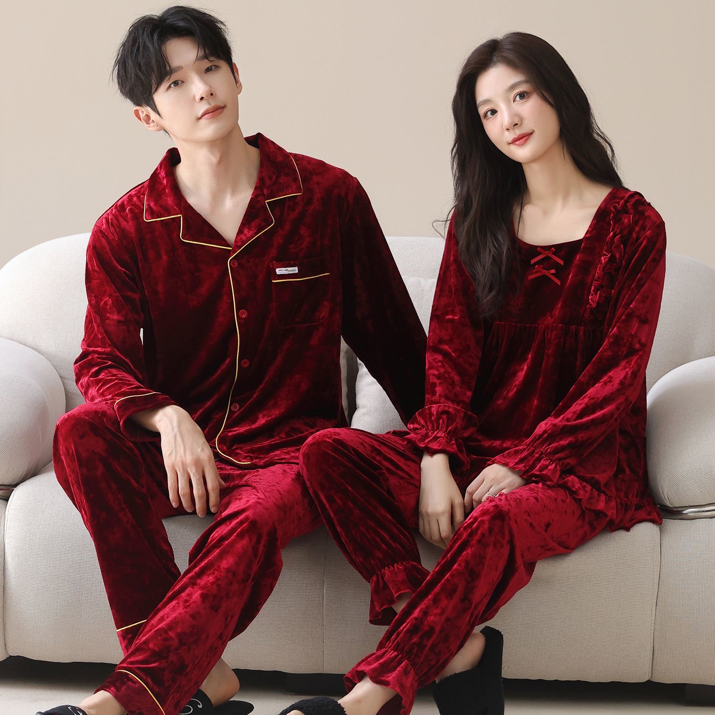 秋冬季钻石金丝绒加厚情侣睡衣