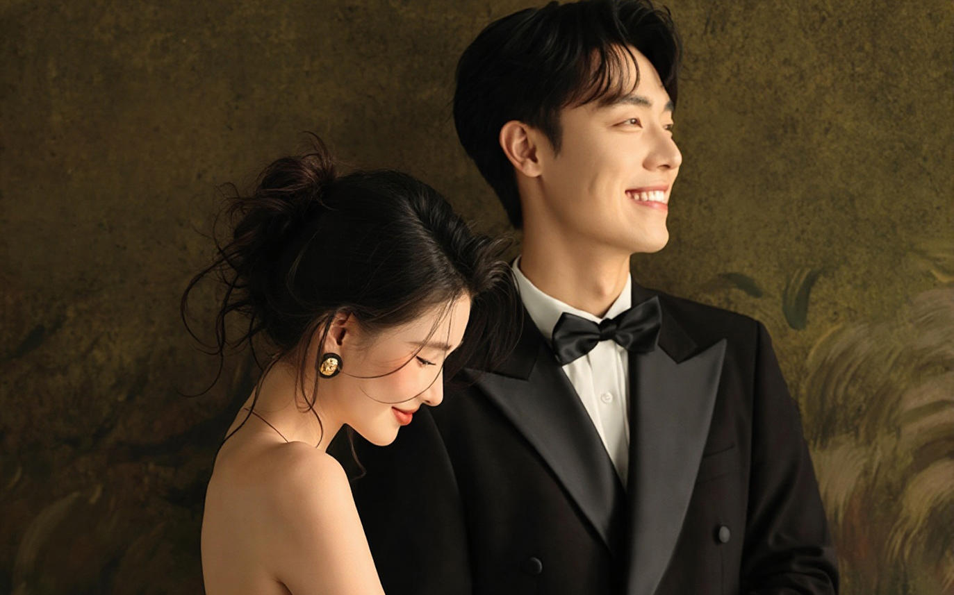 甜酷少女得黑纱油画婚纱照