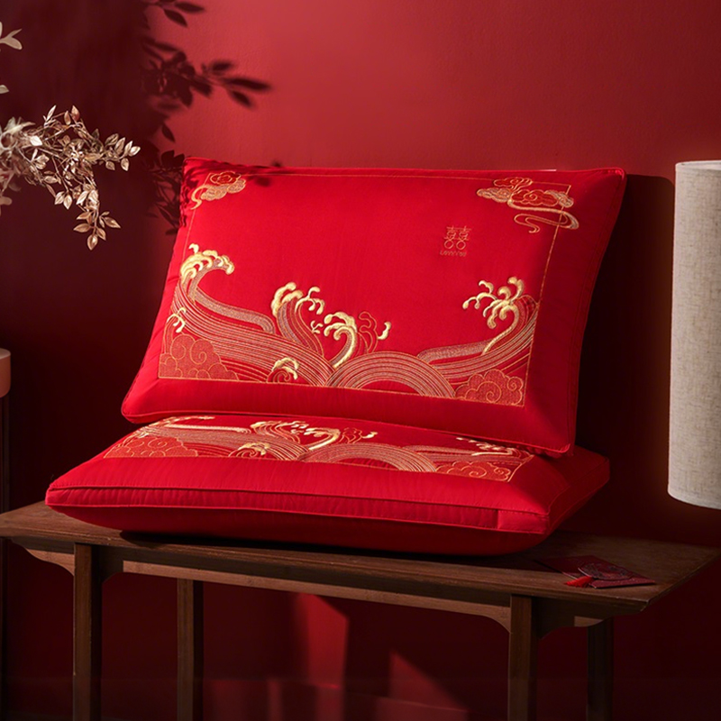 水星家紡 40S全棉柞蠶絲復合囍·金玉良緣抗菌蠶絲纖柔對枕