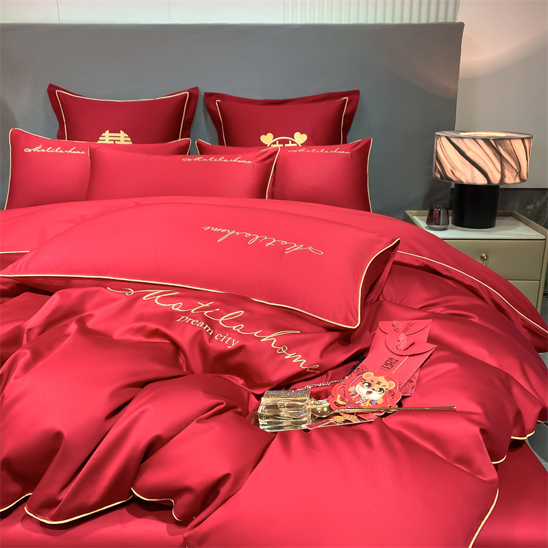 新款水洗磨毛刺繡四件套婚慶系列959611（床單+被套+2個(gè)枕套））