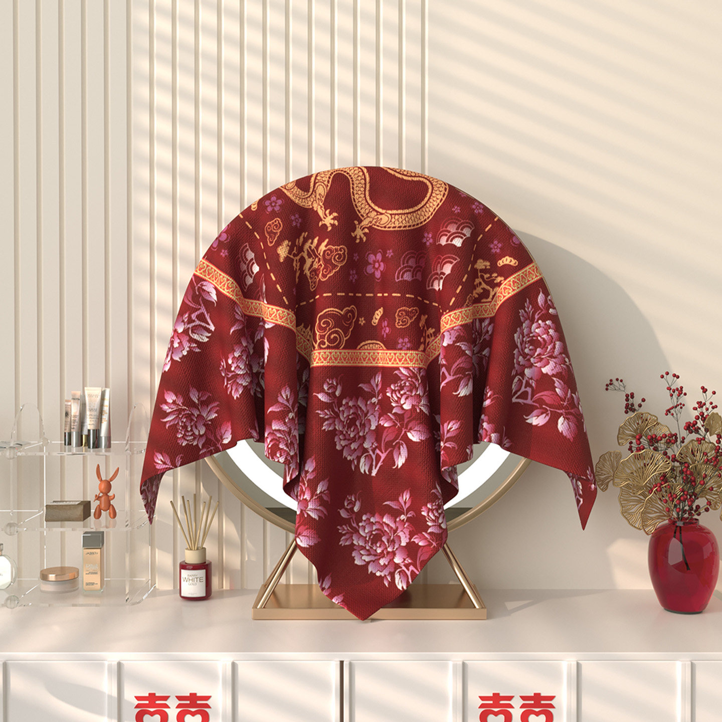 镜子盖布化妆镜防尘罩结婚红色喜庆盖巾梳妆台婚房布置