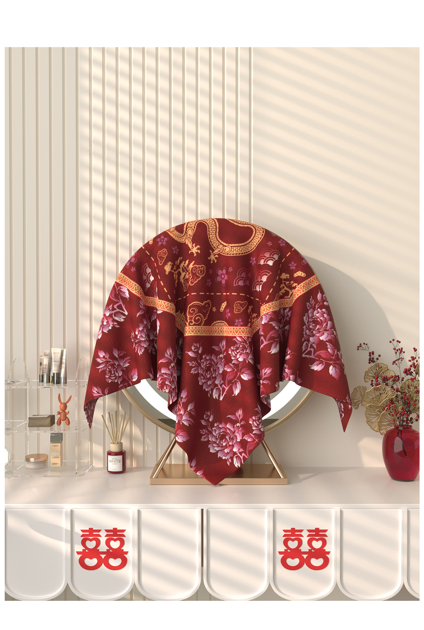 镜子盖布化妆镜防尘罩结婚红色喜庆盖巾梳妆台婚房布置