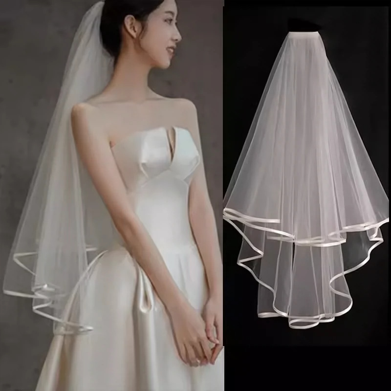 新款白色頭紗多層紗結(jié)婚領(lǐng)證拍照神器60-150cm