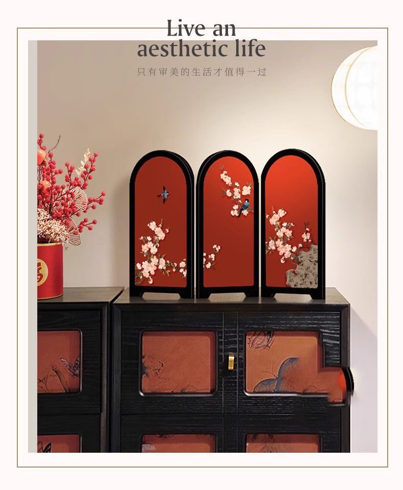 喜上眉梢小屏风红色桌面摆件