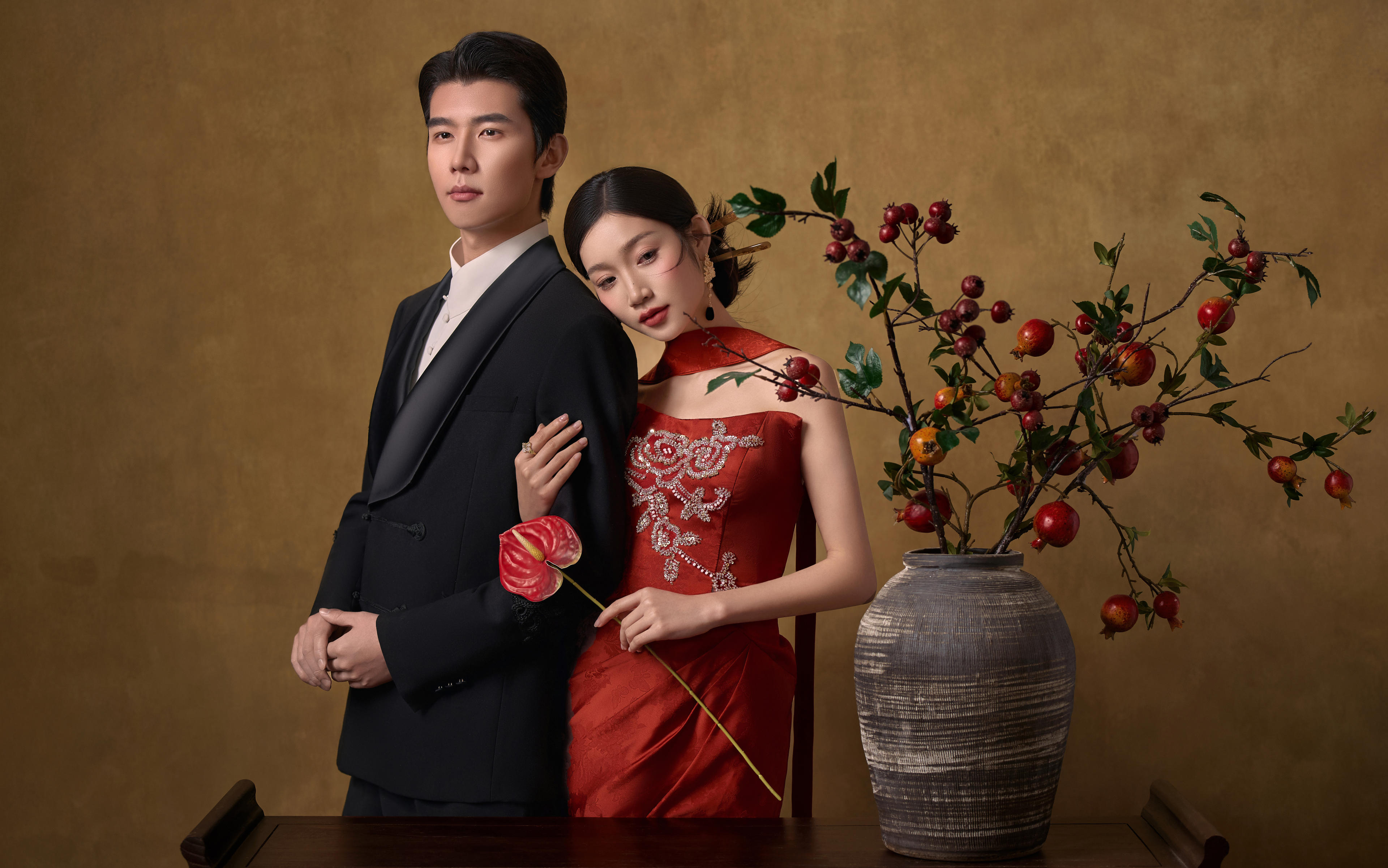 复古油画中式室内婚纱照