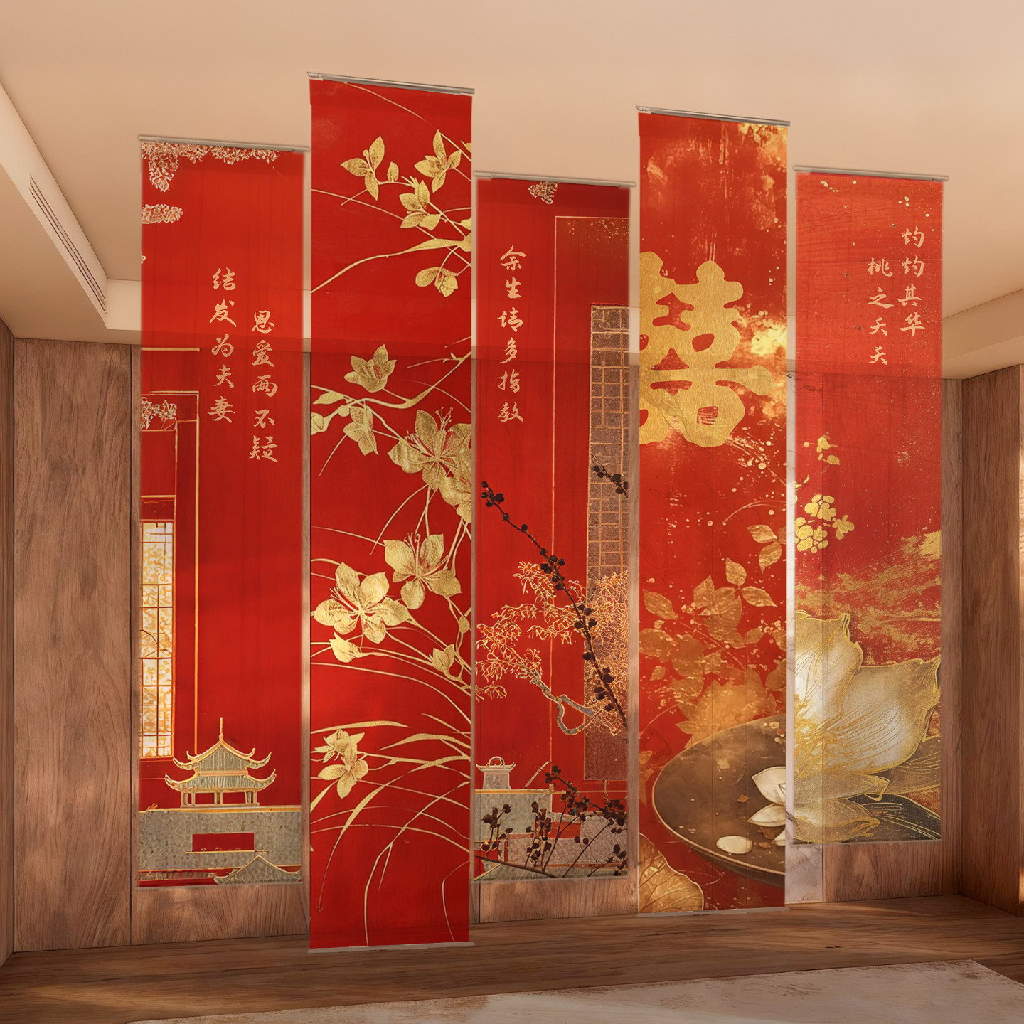 婚房裝飾布置掛布新中式紅色喜慶背景墻半透金剛紗國風(fēng)紗幔