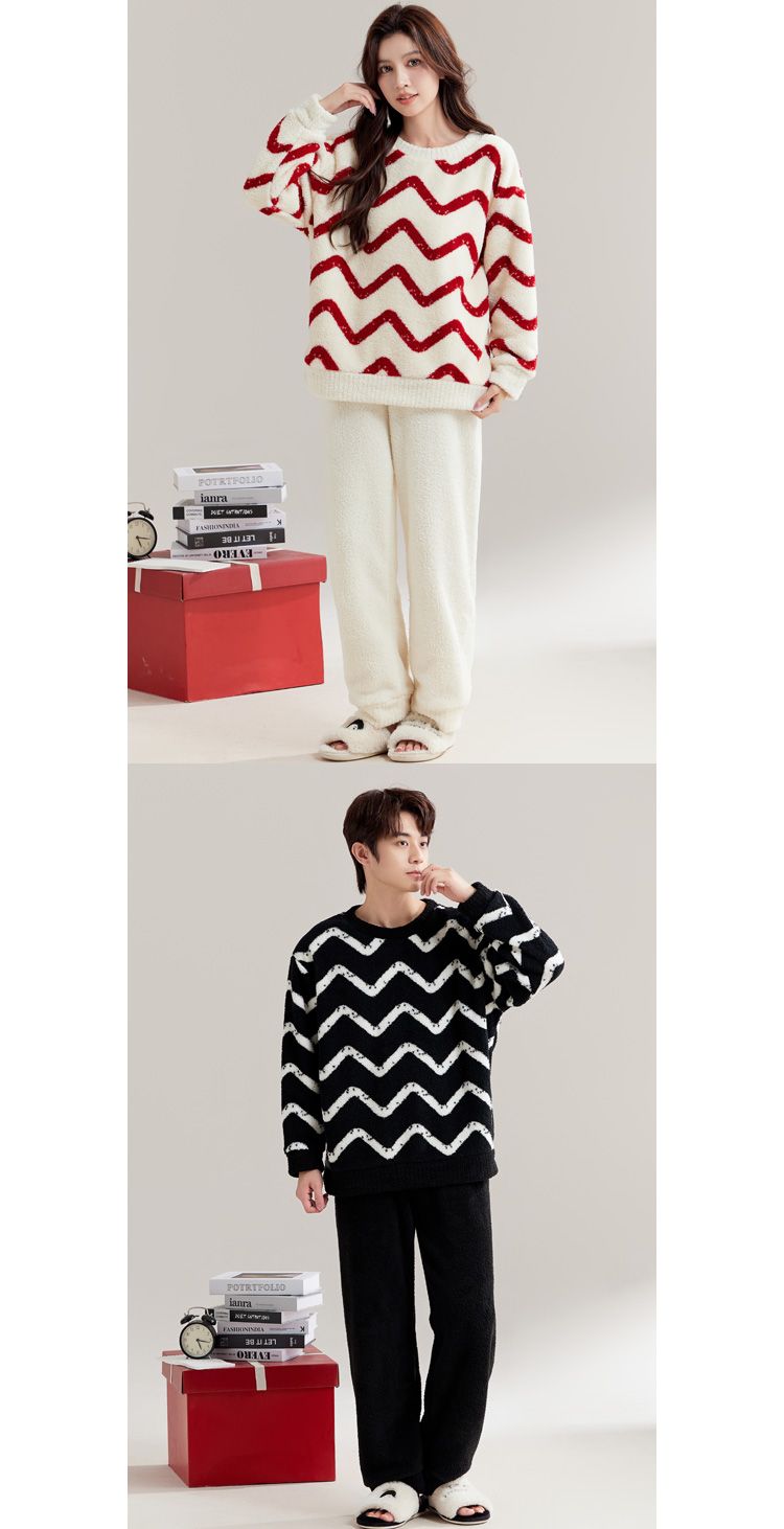 瑚绒情侣睡衣秋冬季红色结婚新婚套装女士保暖半边绒男士家居服