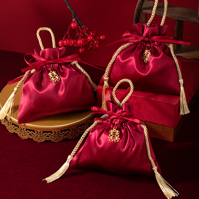 50個(gè) 貢緞喜糖袋金流蘇喜字款