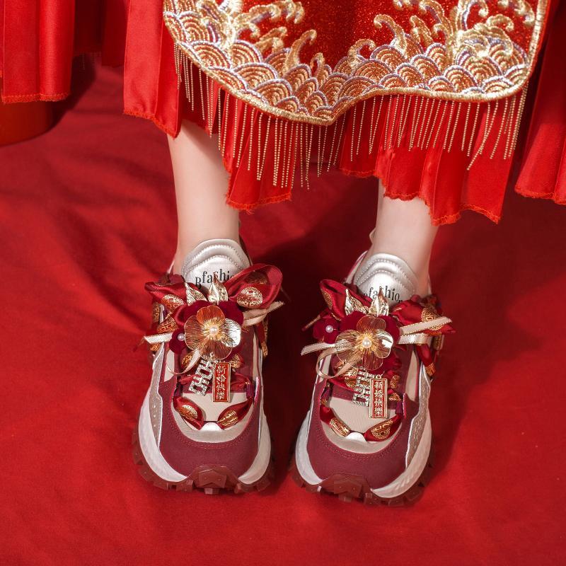 紅色漢服秀禾婚紗兩穿平底厚底增高老爹鞋